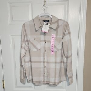Tan and White Fitted Button Down Shirt with Notched Collar